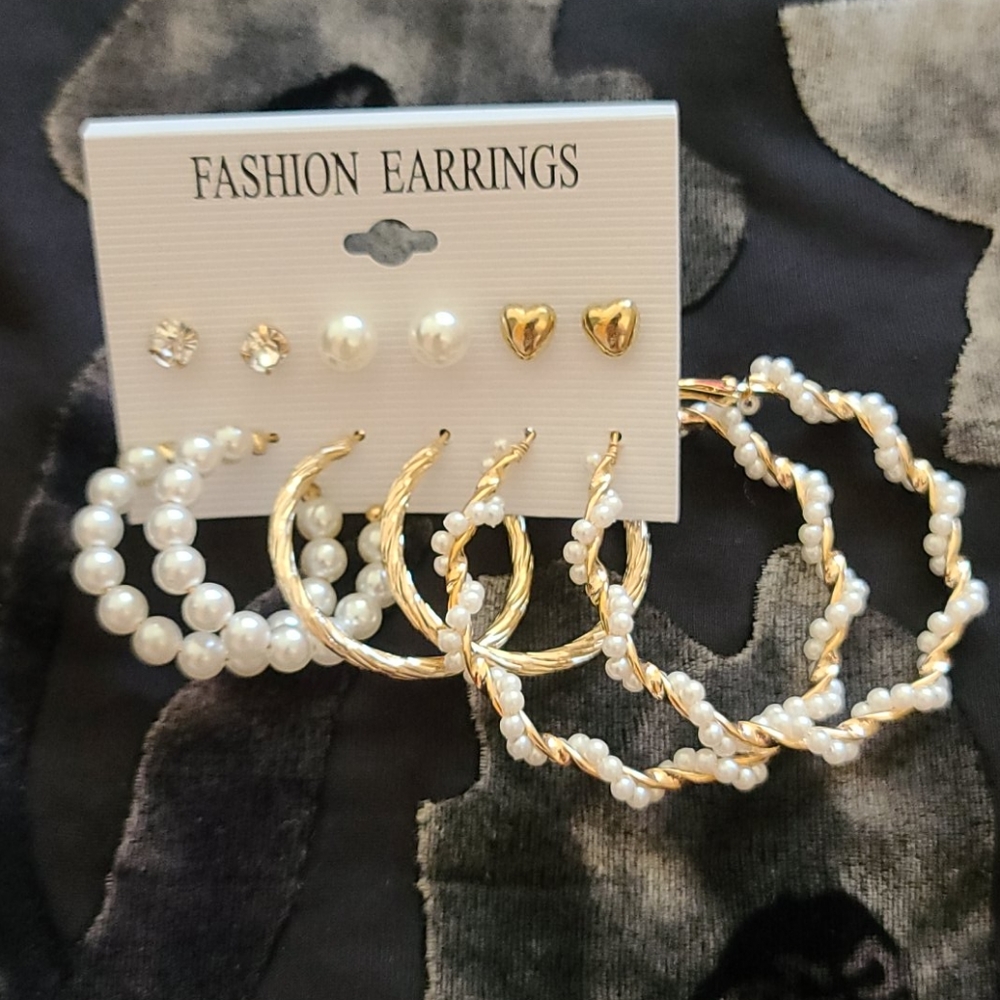 Fashion Gold Pearl Hoop 6 Pairs of Women Earings